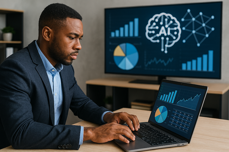 Businessman using a laptop with graphs and charts on the screen